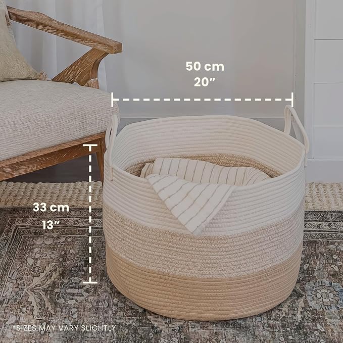 OrganiHaus Round Toy Basket & Blanket Basket, Cotton Rope 20x13" | 3-Toned Honey - Round Cotton Rope Basket, 20x13"