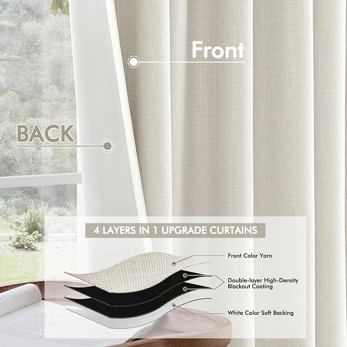 MIULEE 100% Blackout Back Tab Pleat Linen Curtains 50" Wx102 L,Ivory | 2 Panels,Thick Faux Linen,Textured Drapes,with Hooks,for Bedroom Living Room,Black Out,Room Darkening