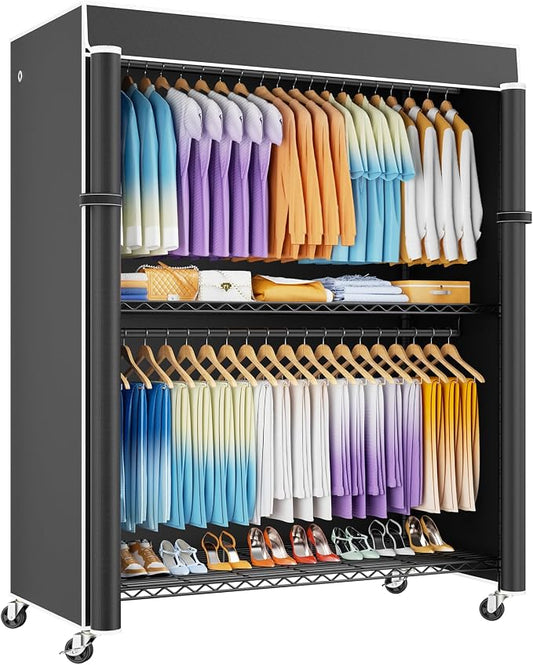 P8C Max Heavy Duty Clothes Rack（With Extended Width Design） Rolling Clothing Racks for Hanging Clothes with Lockable Wheels，51.2"W x 15.8"D x 80.5"H，Load 800LBS，Black Rack with Black Cover