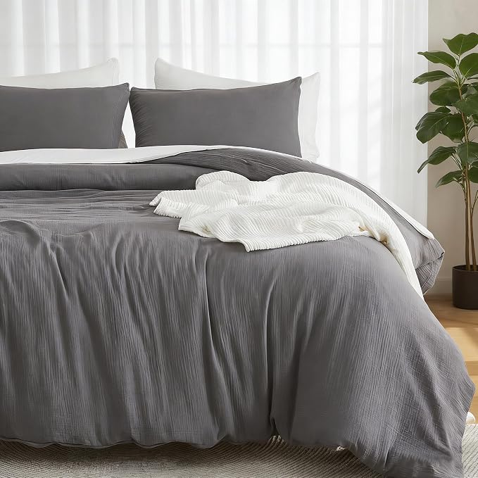 EMME Muslin Cotton Duvet Cover Set Dark Grey Twin Size Linen Like Soft Breathable Lightweight Summer Comforter Cover Set with Zipper Closure (Dark Grey, Twin, 68"x90")