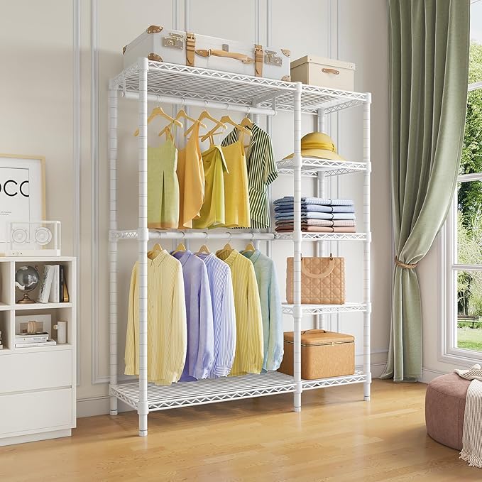VIPEK V7 Clothing Rack with Shelves Heavy duty Closet for Hanging Clothes | 5 Tiers Adjustable Wire Shelving, Double Hanging Rods, 670lbs Metal Closet System, Space-Saving Storage for Bedroom,White