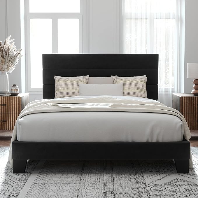 Allewie Queen Size Platform Bed Frame with Velvet Upholstered Headboard | Wooden Slats Support, Fully Upholstered Mattress Foundation, No Box Spring Needed, Easy Assembly, Noise-Free, Black