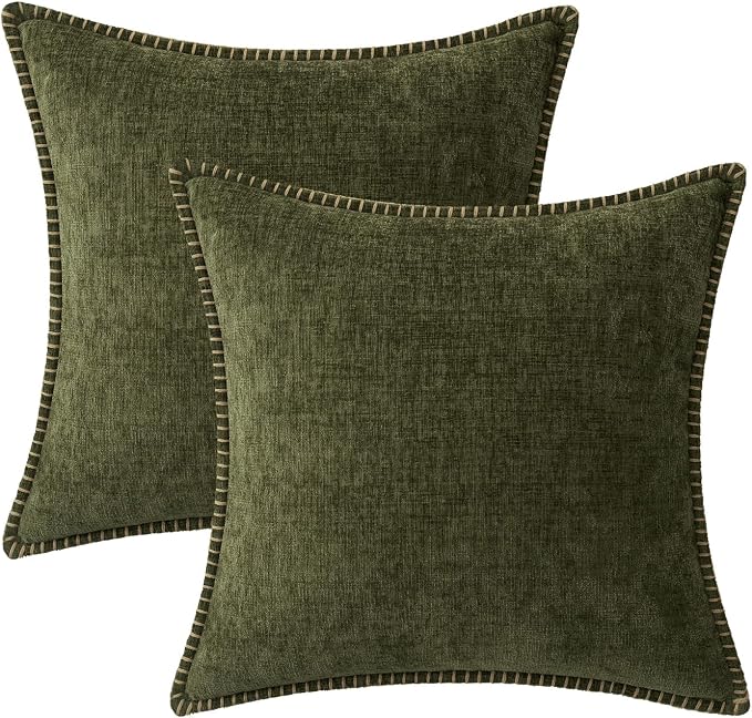 MIULEE Decorative Couch Throw Pillow Covers 20x20 Inch Olive Green 2 Pack | Farmhouse Pillow Covers with Stitched Edge, Soft Chenille Cushion Cases, for Sofa Bed Living Room Home Decor