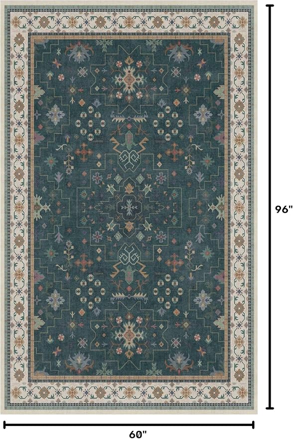 Dark Green Oushak 5x8 Living Room Rug - Modern Vintage Boho Eclectic Floral Pastel, Washable Low Pile Non-Slip Large Area Rugs for Nursery Dining Under Table Bedroom Lounge