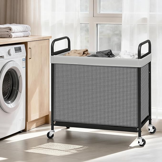 STORAGE MANIAC Rolling Laundry Hamper with Wheels 3-Section Laundry Sorter Rolling Laundrys Basket on Wheels with Removable Bag Clothes Hamper Laundrys Organizer Cart Bathroom Bedroom 120L Grey