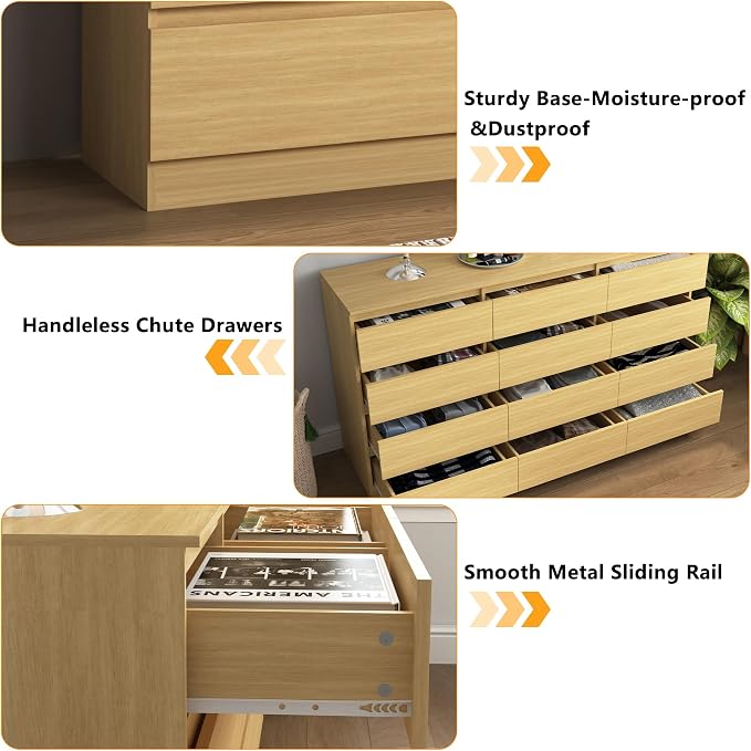 Vibe & Dine 12 Drawer Dresser, 59.1" Large Dresser for Bedroom Free Handle, Modern Wooden Chest of Drawers with Wide Storage for Living Room, Natural Wood
