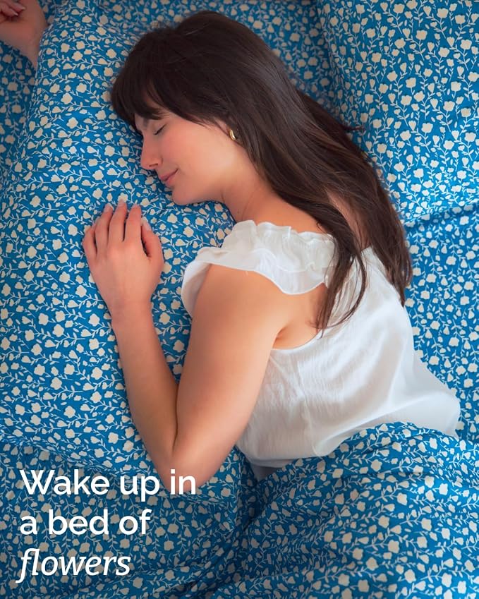 Twin 3 Piece Floral Sheet Set - Breathable & Cooling - Blue Cornflower | 1 Flat, 1 Fitted & 1 Pillowcase w/ Deep Pockets, Boho Botanical Floral Bedding, Breathable & Cooling, Wrinkle & Fade Free