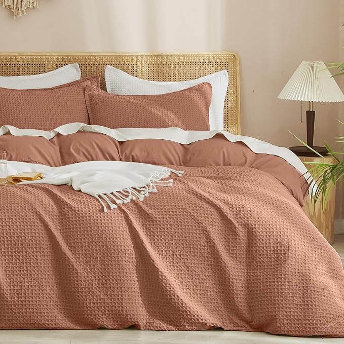 PHF Waffle Duvet Cover California King,Soft Breathable,104"x98",Terra Cotta | 300GSM Fabrie，No Snagging Textured Honeycomb Comforter Cover for All Season 3pcs, Durable Bedding Duvet Set, Home Decor Gift