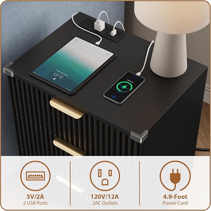 Lulive Wood Bedside Table w/Charging Station, 3 Drawers Fluted Dresser | Black, Large Drawers, Metal Silent Rails, FSC Wooden, Sturdy Legs, Modern Fluted Panel, Living Room, Bedside Table