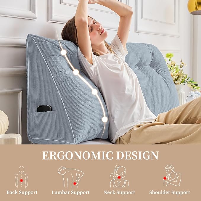 Sasttie Headboard Pillow Full, Wedge Pillow Headboard, Greyish Blue | Triangle Backrest Cushion for Sitting or Reading in Bed, Dorm Essentials, OEKO-TEX, Down Alternative Fill, Side Pockets