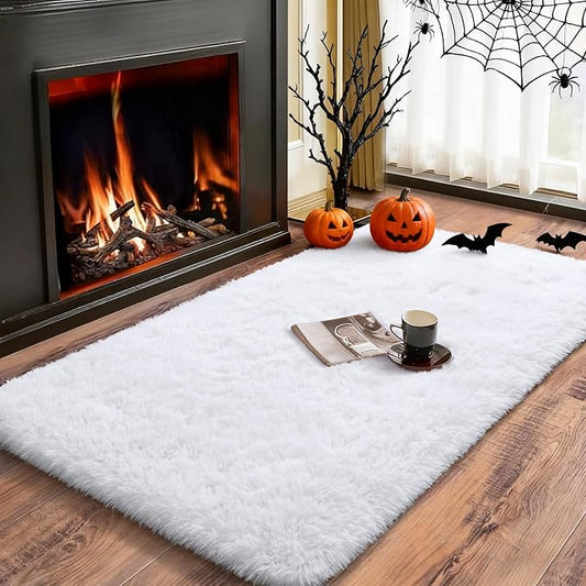 Fluffy Rug Shaggy Area Rug, Snow White 2x4 Small Rugs for Fireplace Holiday Christmas Decor, Mini Fuzzy Plush Kids Bedside Rug, Soft Non-Slip Entryway Throw Rugs Shag Catpet for Living Room ﻿