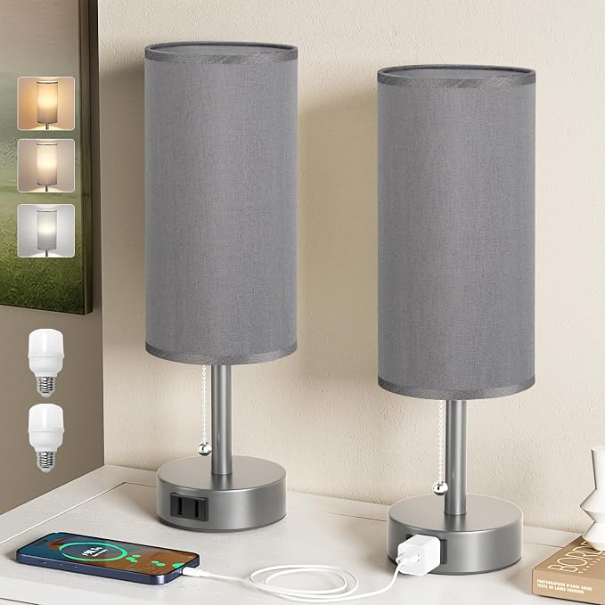 Dark Grey Bedside Table Lamps Set of 2 - Bedroom Lamp for Desk, AC Outlet | 3CCT(3000K/4000K/5000K), LED Bulbs Included, Dark Grey Fabric Lampshade, 14in Small Lamp for Nightstand, Guest Room, Dorm