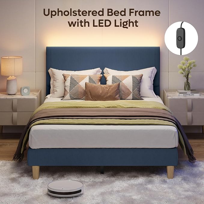 Bestier Full Bed Frame with Adjustable Headboard,LED Light,Blue | Vertical Channel Corduroy Upholstered,Easy Assembly,LED Lighting Headboard,No Squeaks,Wood Slats Support,No Box Spring Needed