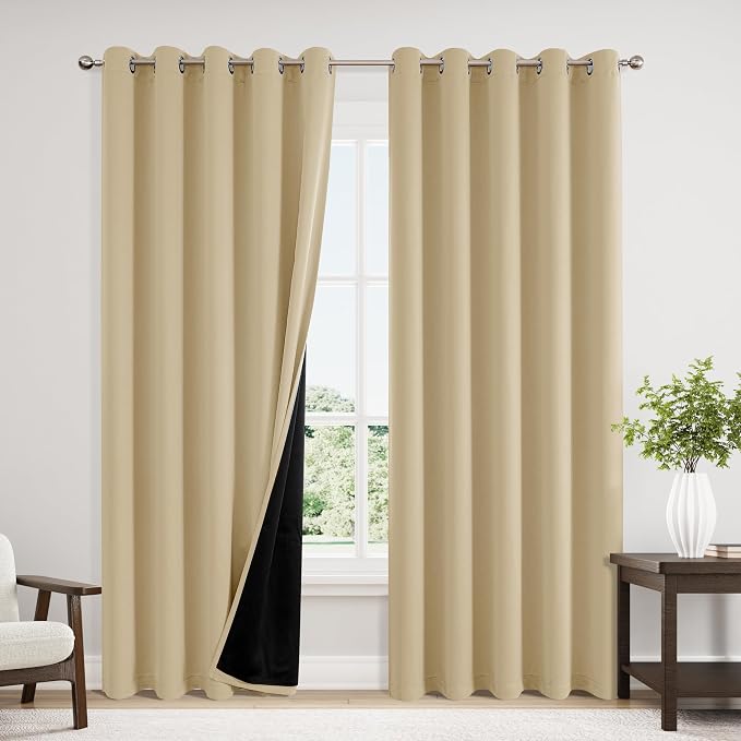 ChrisDowa 100% Blackout Curtains for Bedroom 84 Inches Long 2 Panels Set | 2 Thick Layers, Thermal Insulated, Light Blocking, Grommet, Window Treatment, Living Room Drapes, Beige, 60 x 84 Inch