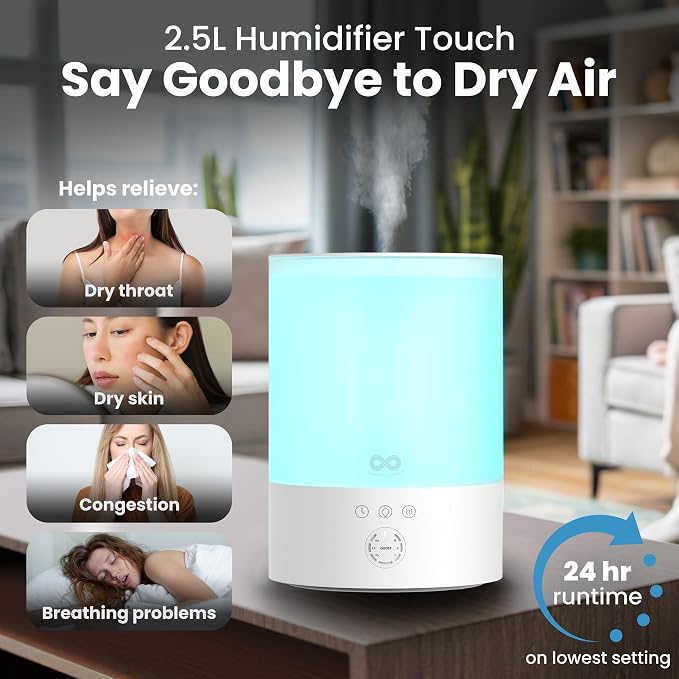Everlasting Comfort 2.5L Top Fill Humidifier for Bedroom – 28dB Ultra-Quiet, Easy to Fill & Clean, 24HR Runtime, Night Light, Timer, Ultrasonic Cool Mist, Auto Shut-Off for Indoor Use