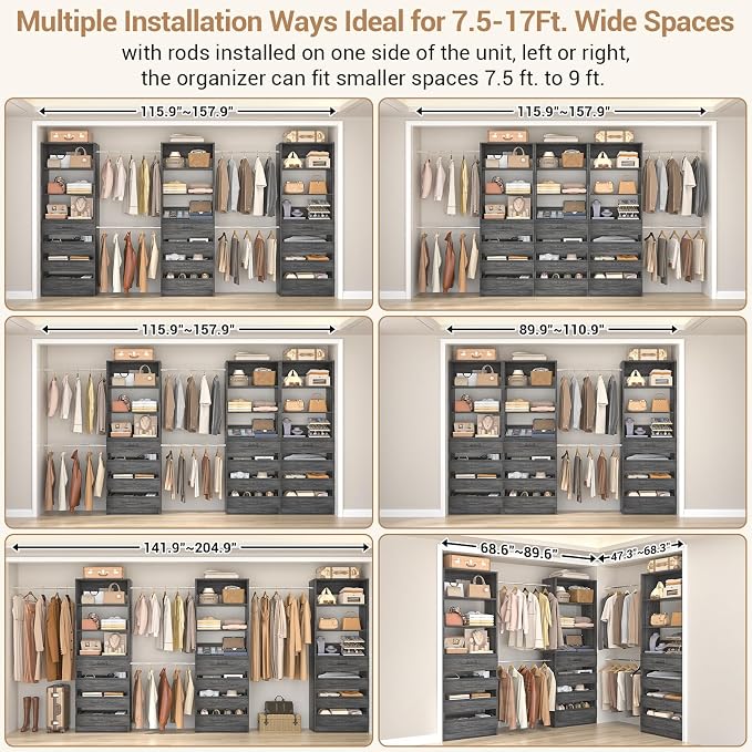 Aheaplus Closet System with 12 Drawers, 8.5-11.5Ft Wood Closet Organizer | Black Oak Closet Storage with 4 Hanging Rods & 3 Towers, 4Ft & 6Ft L-Shaped Walk-in Closets Wardrobe Organizer, Set of 3