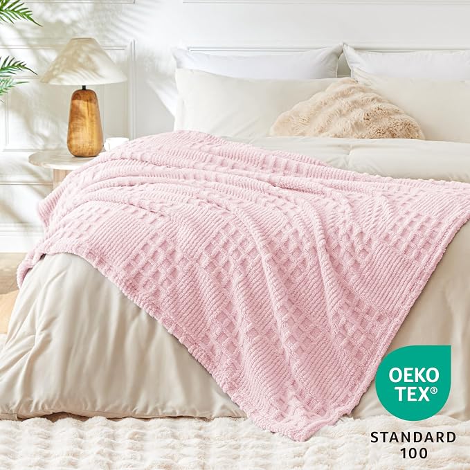 EXQ Home Fleece Throw Blanket for Couch or Bed - 3D Waffle Patchwork Pattern Jacquard Decorative Blankets - Cozy Soft Fuzzy Flannel Blanket Suitable for All Seasons(50"×60",Pink)