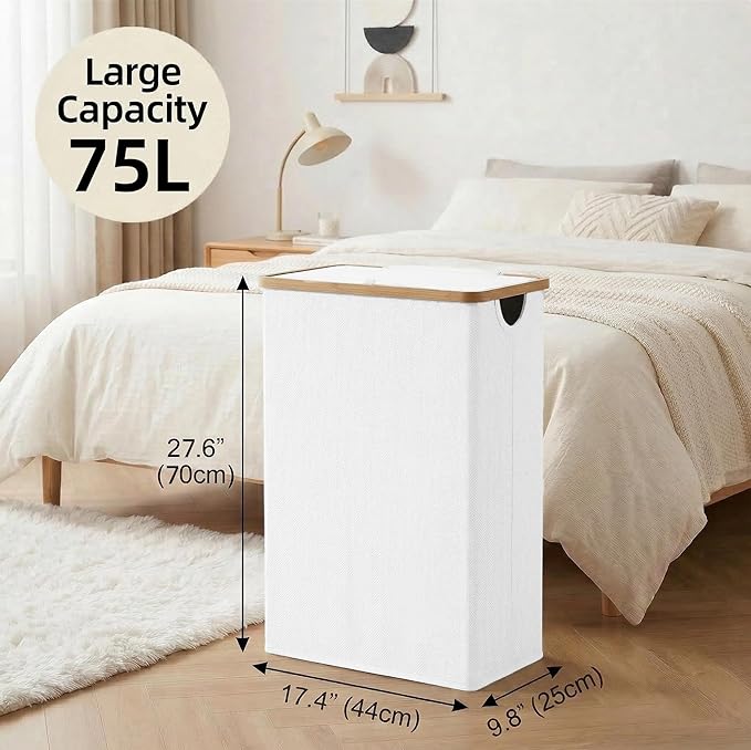 efluky Slim Laundry Basket with Lid, Narrow Laundry Hamper with Removable Bag, Skinny Dirty Clothes Basket with Bamboo Handles for Bathroom, Bedroom & Laundry Room, 75L White