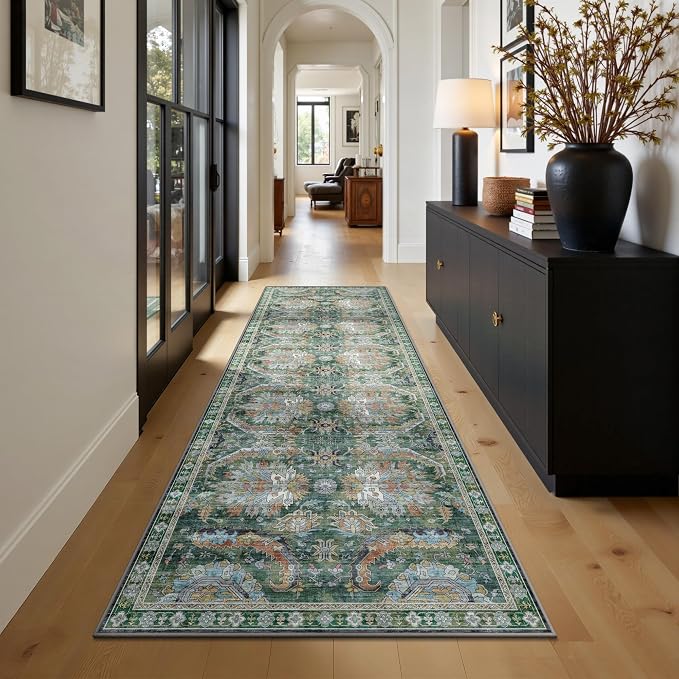 2x6 Hallway Runner Rug, Washable Vintage Retro Long Runner Rugs for Kitchen Laundry, Soft Ultra Thin Non Slip Low Pile Traditional Area Carpet for Bedroom Bathroom Indoor, Green