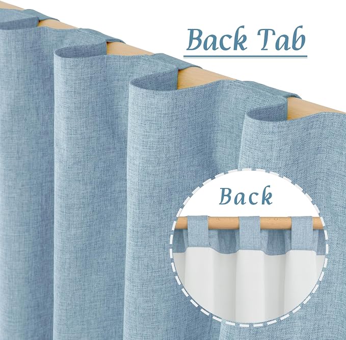 100% Blackout Linen Curtains 63 Inches Long for Bedroom, 60 x 63 Inch | Stone Blue, Living Room, Farmhouse Curtains, Full Room Darkening, Rod Pocket Back Tab Drapes, with White Liner, 2 Panels