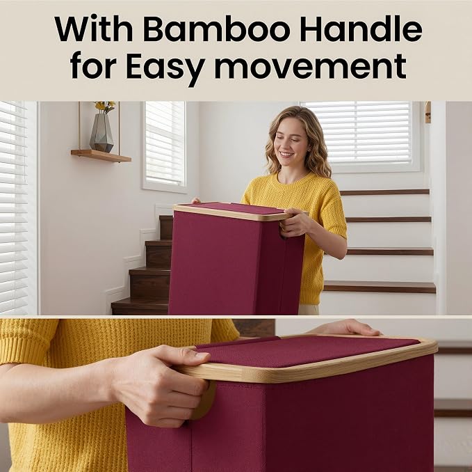 efluky Slim Laundry Basket with Lid, Narrow Laundry Hamper with Removable Bag, Skinny Dirty Clothes Basket with Bamboo Handles for Bathroom, Bedroom & Laundry Room (Burgundy, 75L)