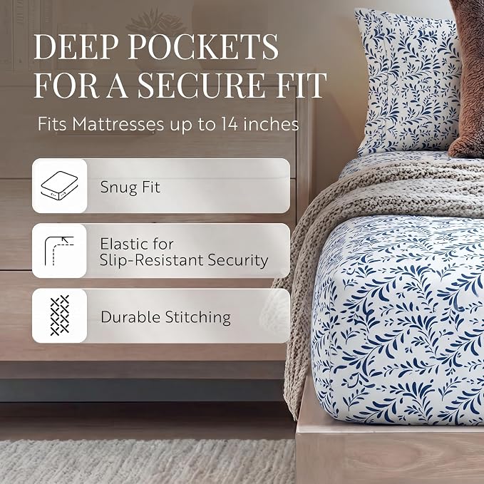 Linen Market 4 Piece King Sheet Set - Breathable, Double-Brushed Patterned Cooling Sheets – Oeko-TEX Certified Ultra Soft & Wrinkle-Free 16" Deep-Pocket King Sheets - Easy Care Burst of Vines Navy