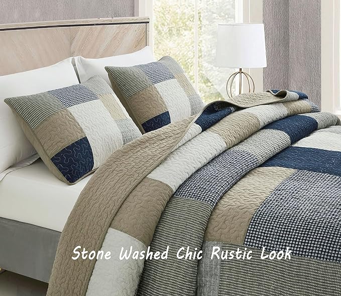 Chezmoi Collection Addy 3-Piece Navy Blue White Gray Taupe Plaid Patchwork Quilt Set - Pre-Washed Cotton Quiltd Lightweight Reversible Bedspread for All Seasons, Super King Size 128x110