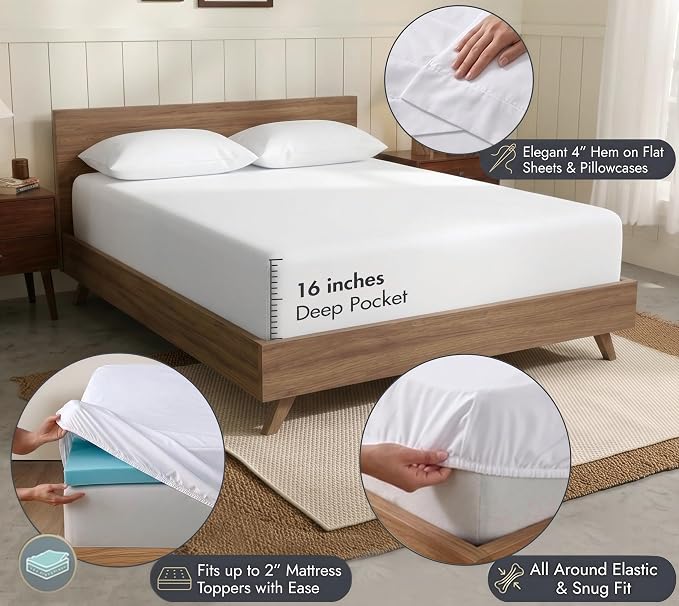 RUVANTI 100% Cotton Percale Sheets, Full Size, Bright White | Crisp Cooling, Deep Pocket 16", Soft Breathable & Durable, Hotel-Style, 4 Piece Set
