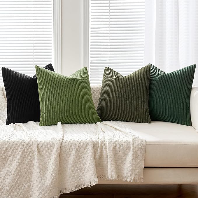 MIULEE Soft Corduroy Decorative Throw Pillow Covers Neutral Green 18x18 | Set of 4, Mordern Nordic Decor, Forest Bath Green Collection, Boho Farmhouse Cushion Covers for Couch Bed Sofa Living Room