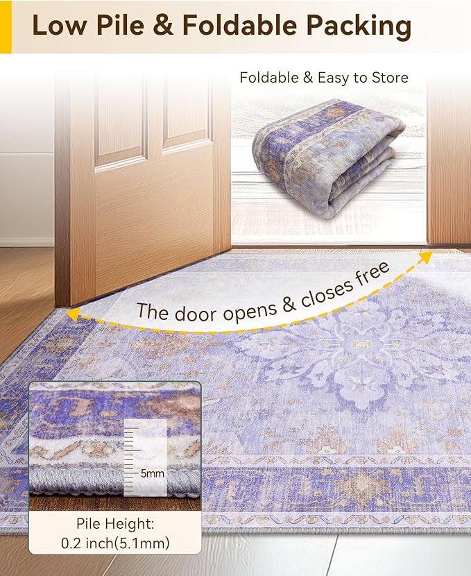 RELEANY Washable Area Rug, Small 2'6"x4', Purple | Non-Slip, Water Repellent, Pet Friendly, Easy to Clean, Vintage Floral Boho Decor for Kitchen Entryway Bathroom