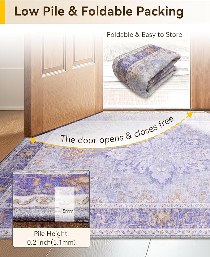 RELEANY Washable Area Rug, Runner 2'6"x5', Purple | Non-Slip, Water Repellent, Pet Friendly, Easy to Clean, Vintage Floral Boho Decor for Kitchen Entry Bedroom Bedside Laundry