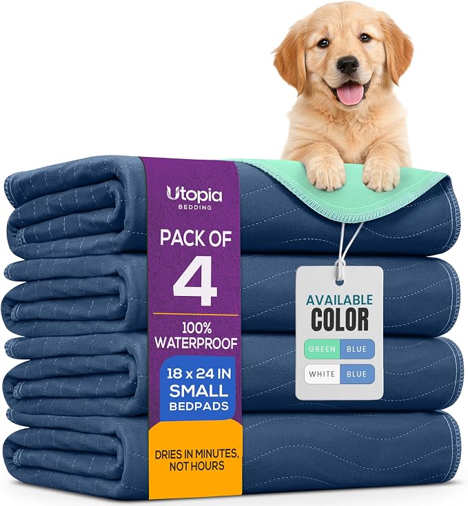 4 Pack Washable Pee Pads for Dogs 18" x 24", Waterproof Dog Training Pads | Reusable Dog Training Pads for Sofa, Incontinence Bed Pads for Adults, Elderly and Kids (Navy,Green) by Utopia Bedding