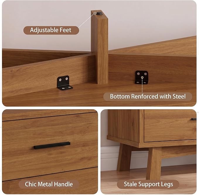 Dresser for Bedroom with 6 Drawer, Modern Chest of Drawers with X-Shaped Sturdy Base, Wide Wood Double Dresser Closet Clothes Storage Organizer, Wooden TV Stand for Living Room, Hallway, Walnut