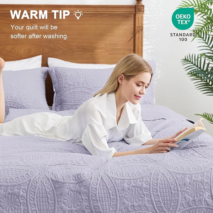 Love's cabin Oversized King Size Quilt Bedding Set Lavender Bedspreads - Oversized King Lightweight Bedspread Comforter - Coin Pattern Coverlet for All Season - 3 Pieces (1 Quilt, 2 Pillow Shams)