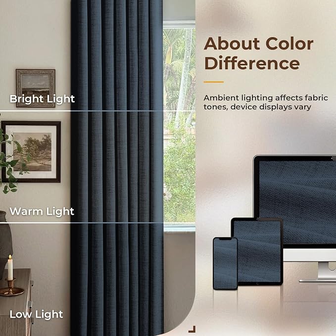 INOVADAY 100% Blackout Curtains for Bedroom Black Out Curtains 72 Inch Long | Navy Blue Curtains for Living Room 2 Panels, Clip Rings Linen Look Blackout Drapes, Thermal Insulated Room Darkening,W50xL72