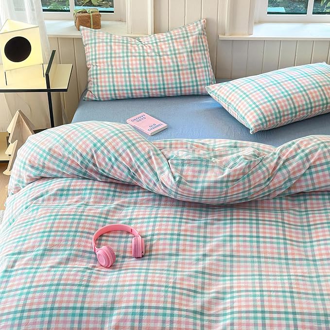 LifeTB Gingham Comforter Set King 3 Pieces Multi-Colored Grid Comforter Lightweight Checkered Plaid Comforter Set with 2 Pillowcases Fluffy Soft Grid Printed Pattern Farmhouse Gingham Bedding Set