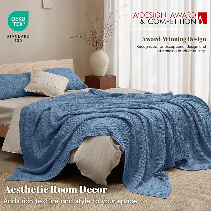 PHF Lightweight 100% Cotton Waffle Blanket for Bed, Queen, Denim Blue | Pre-Washed Soft Cotton Comfort, Breathable Layering Warmth for Fall & Winter, Bed, Sofa, Couch, Home Decor & Gifts