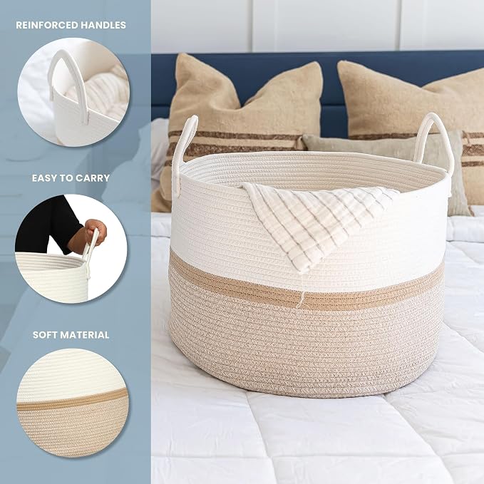 OrganiHaus Round Toy Basket & Blanket Basket, Cotton Rope 20x13" | Striped Honey - Round Cotton Rope Basket, 20x13"