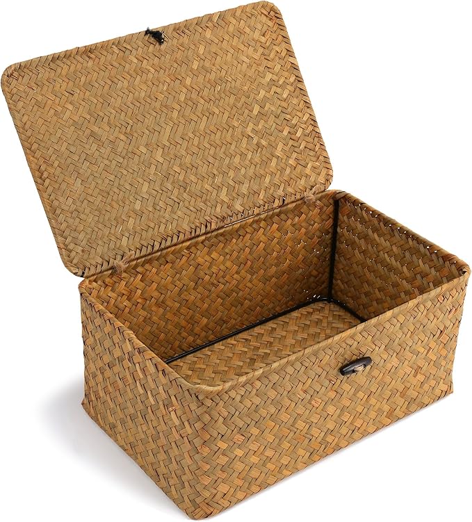 Nonam Small Wicker Basket with Lid,Seagrass Shelf Storage Basket,Natural | Basket Container for Organizing, Boho Decorative Basket, Rectangular Household Storage Boxes for Home Organization