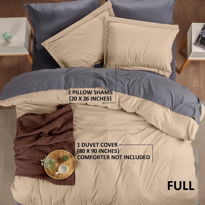 Duvet Cover Full, 3 Piece Cotton Like Polyester With Zipper Closure, Beige | Extra Soft and Breathable, Wrinkle & Fade Resistant, Includes Duvet Cover and 2 Pillow Shams, Comforter Not Included, OekoTex