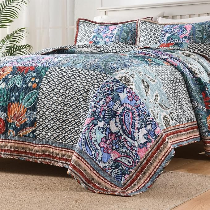 VISIMISI Cotton Bedspread Quilt Bedding Sets Reversible Coverlet Sets 3 Pieces Vintage Floral Blue Teal Patchwork Bedspread, King Size
