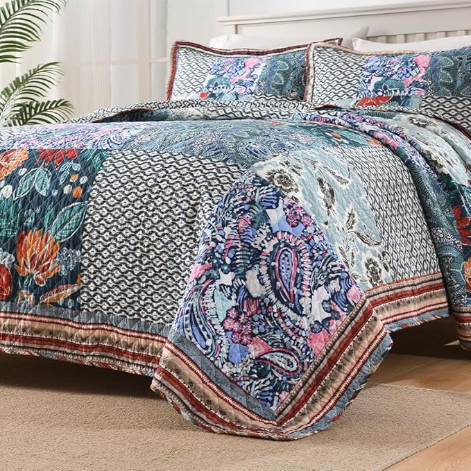 VISIMISI Cotton Bedspread Quilt Bedding Sets Reversible Coverlet Sets 3 Pieces Vintage Floral Blue Teal Patchwork Bedspread, Queen Size