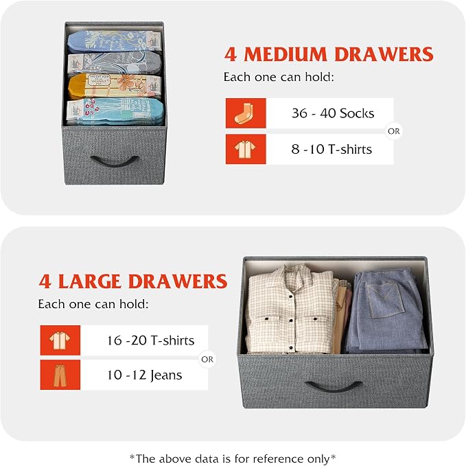 WLIVE Wide Dresser for Bedroom, 8 Drawer Chest of Drawers, Dark Grey | 8 roomy fabric drawers, Wide storage design, Bedroom or closet use, Sturdy steel frame, Smooth wood tabletop