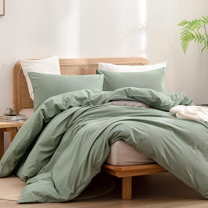 BESTOUCH Cotton Solid Duvet Cover Set Linen Feel Green Oversized King | 100% Washed Cotton, Soft Wrinkle Texture, Hidden Zipper, 8 Ties, Breathable Lightweight Durable Comfy, 3 Pcs No Insert