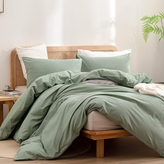 BESTOUCH Cotton Solid Duvet Cover Set Linen Feel Green California King | 100% Washed Cotton, Soft Wrinkle Texture, Hidden Zipper, 8 Ties, Breathable Lightweight Durable Comfy, 3 Pcs No Insert