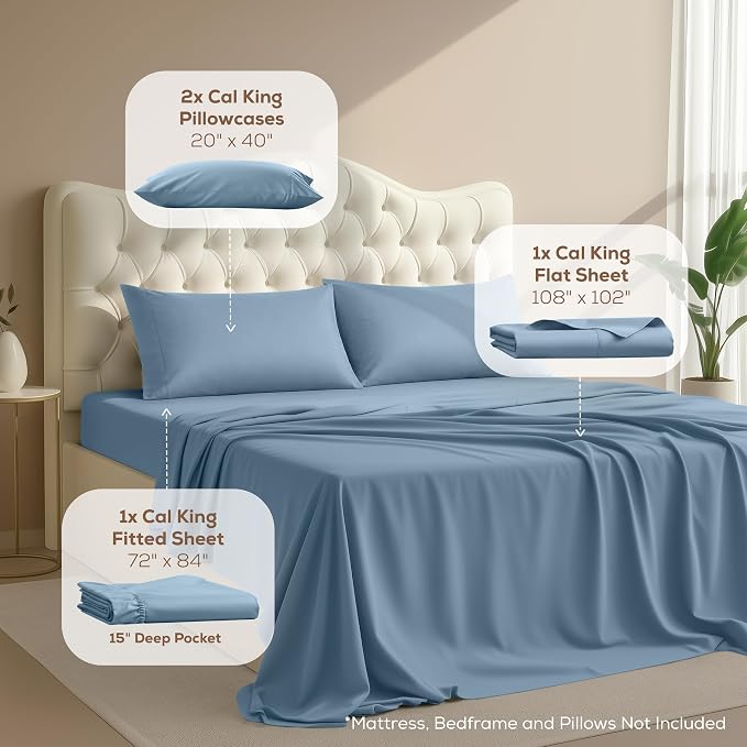 California King Sheets Set, 4 Pieces 16" Deep Pocket Bed Sheets, Dutch Blue | Extra Soft Bedsheet Set, Comfy & Breathable Cooling Sheets, Wrinkle & Fade Resistant, Fitted Sheet, Flat Sheet, 2 Pillowcases