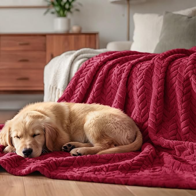 Exclusivo Mezcla Soft Fleece Bed Blanket King Size, 90”x104”, Deep Red | Cozy Fluffy Lightweight Blankets for Summer, Decorative Plush Flannel Throws for Living Room, Bedroom with Leaves Pattern
