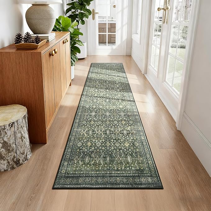 2'6"x14' Area Rugs for Hallways, Green Washable Non-Slip Kitchen Runner Rug | Low Pile Runner Rugs, Soft Carpet for Kitchen Bathroom Bedroom Laundry, Stain Resistant Foldable Vintage Distressed Rug