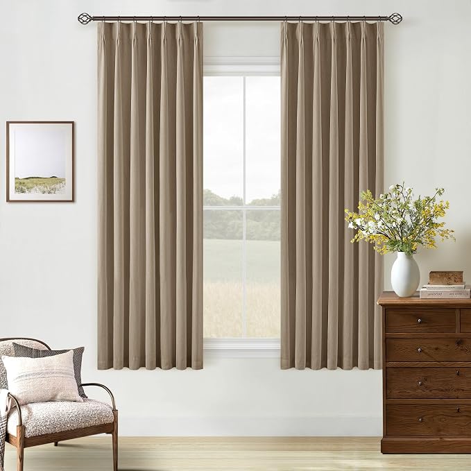 Light Brown 100% Blackout Pinch Pleated Linen 63 Inch Curtains with Liner | Memory Trained, Thermal Insulated, Heat Blocking, Black Out Curtains for Small Window Dining Room Bedroom 2 Panels W40xL63