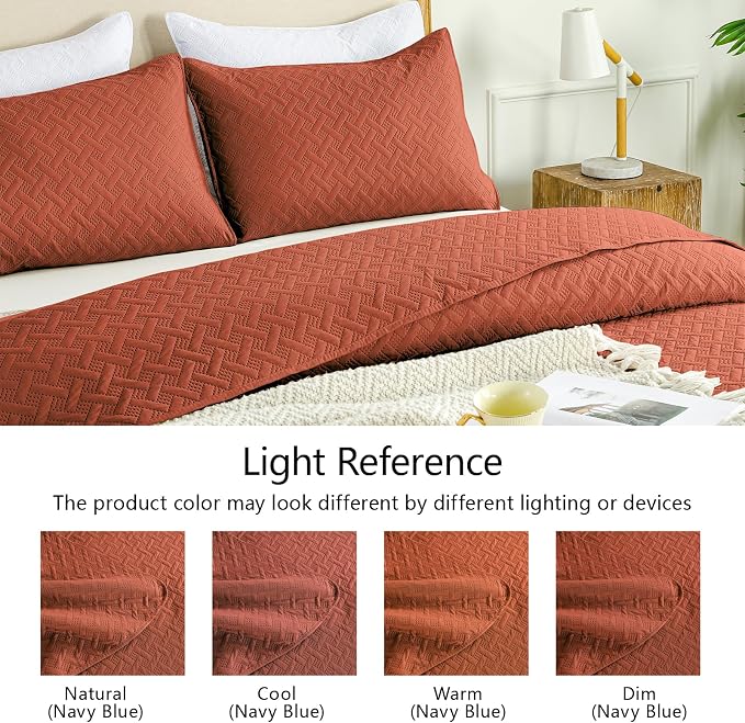 FLYMME King Size Quilt Bedding Set Burnt Orange Lightweight Bedspreads Set,Modern Style Geometric Weave Stripe Pattern,Soft Microfiber Bed Coverlet 3 Pieces (1 Quilt, 2 Shams)
